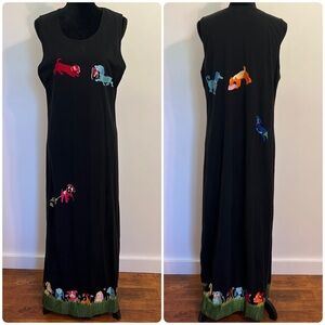 Michael Simon Black Tank Maxi Dress Embroidered Dogs Cotton Art You Wear Size L